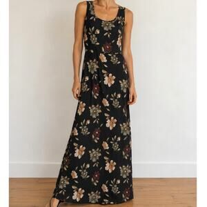 Vintage 90s My Michelle Black Brown Floral Rayon Maxi Dress Autumn USA Small